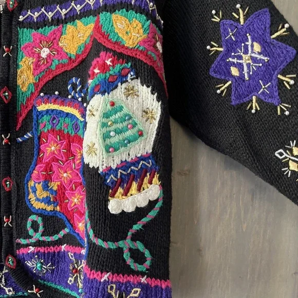Vintage Belle Pointe Ugly Christmas Sweater Beaded Embroidered Colorful Sz Small - Picture 11 of 16